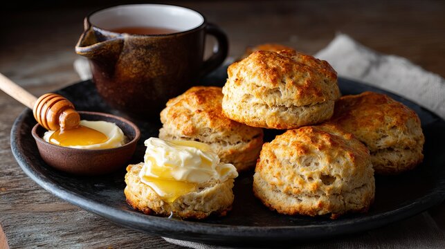 A plate of freshly baked biscuits with honey and butter on a rustic wooden table