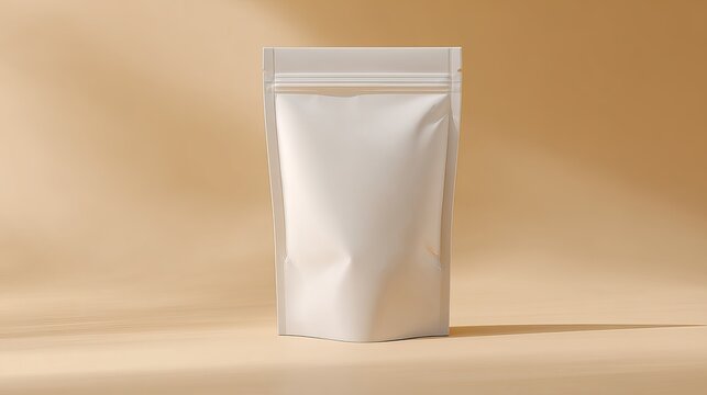 A white resealable pouch standing upright on a beige background with soft lighting