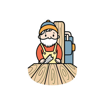 Bearded Woodworker Character Operating Wood Processing Machine
