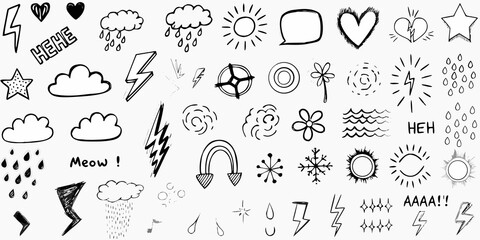 Fototapeta premium Collection of hand drawn doodle illustrations including weather hearts and stars