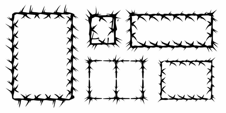 Black and white illustration of five barbed wire frame shapes