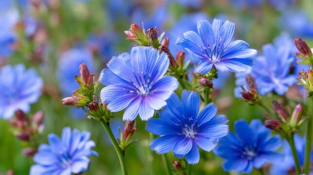 Soft blue chicory blossoms glow in gentle garden light