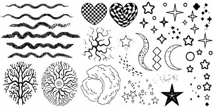 Collection of hand drawn black and white doodles hearts stars and waves