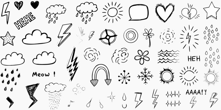 Collection of hand drawn doodle illustrations including weather hearts and stars