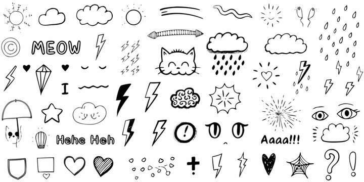 A collection of hand drawn doodles including weather faces and text
