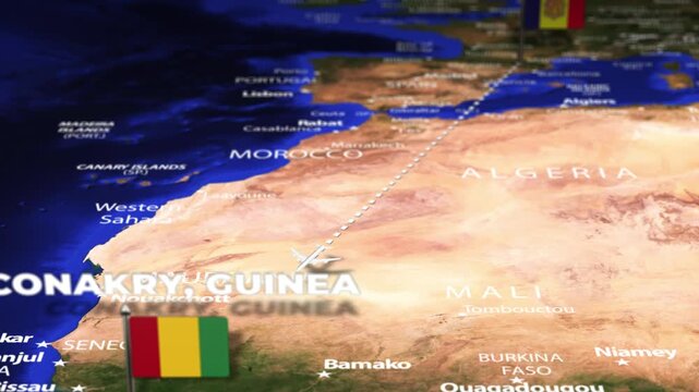 Flight From Andorra la Vella ANDORRA Conakry GUINEA with flag pins