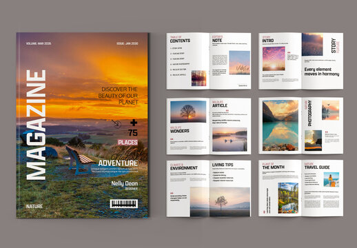 Modern Nature Magazine Template With Scenic Cover And Editorial Layout