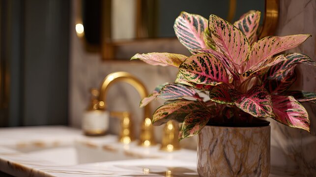 A potted plant with pink and green leaves sits on a marble bathroom countertop in front of a gold faucet