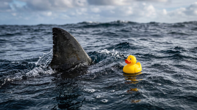 Shark Fin Circling Yellow Rubber Duck in Open Ocean Water
