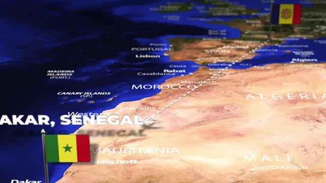 Flight From Andorra la Vella ANDORRA Dakar SENEGAL with flag pins
