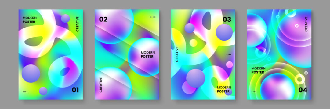 Creative abstract poster set with holographic liquid textures glowing orbs and transparent geometric shapes in vibrant multi color mesh
