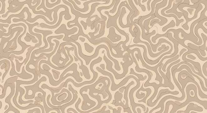 Abstract beige and tan background with organic fluid wavy lines and nested shapes resembling a topographical map or marble pattern with neutral sand and cream earth tones.
