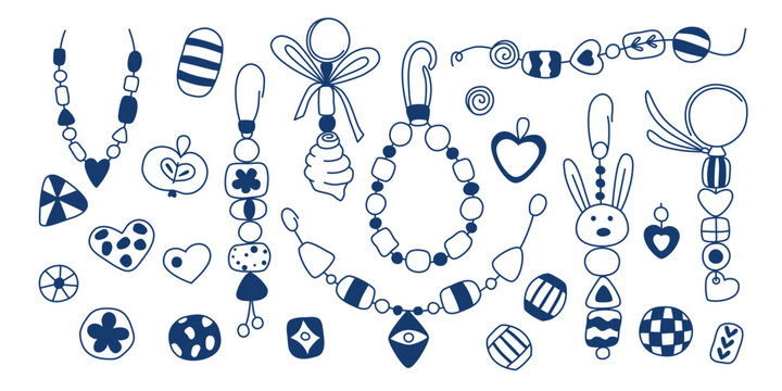 Set of cute ceramic and clay bead jewelry in Mediterranean style. Beads, bracelet, pendant, decorative pendant, keychain clip art in blue ink. Vector graphics