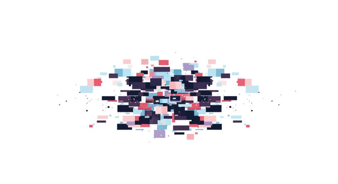 Abstract digital glitch effect with geometric rectangular patches and pixelated fragments in pink blue and black colors on a clean white background with isolated particles.