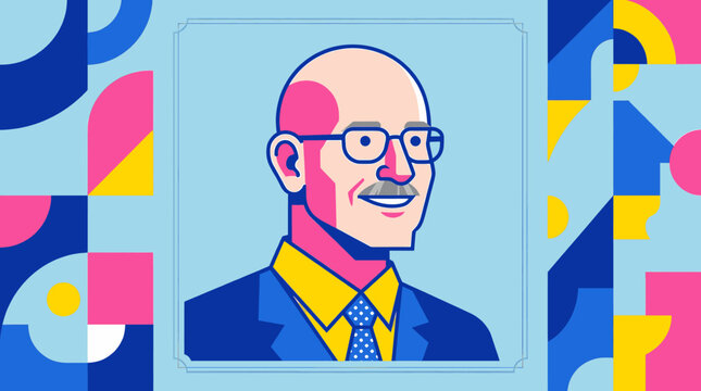 Illustration of a Bald Man with Glasses and a Moustache Wearing a Suit and Tie