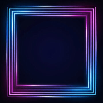 Abstract square geometric frame with multiple parallel neon light lines in cyan blue and purple. Glowing border on dark background with vibrant magenta accents and light effects.