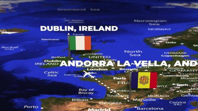 Flight From Andorra la Vella ANDORRA Dublin IRELAND with flag pins