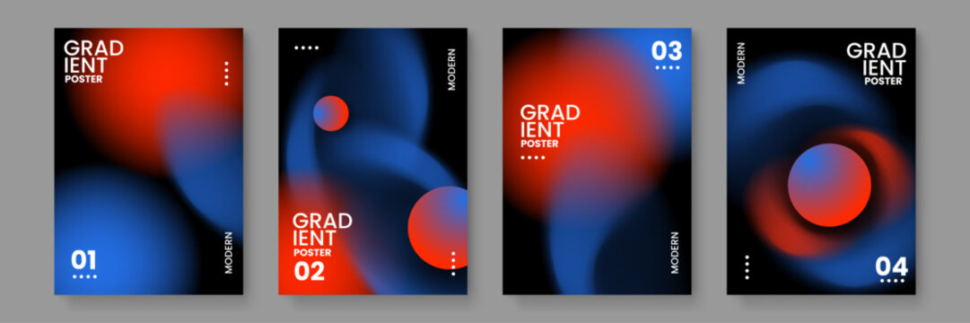 A professional set of four abstract posters featuring deep blue and vibrant orange blurred gradients on a sleek black background for modern branding