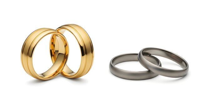 A pair of textured gold wedding bands are linked together beside a pair of brushed silver bands, offering a comparative view of wedding ring styles