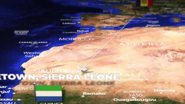 Flight From Andorra la Vella ANDORRA Freetown SIERRA LEONE with flag pins