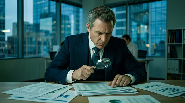 Businessman examines financial documents with a magnifying glass at his desk to ensure accuracy in corporate reporting and regulatory compliance.