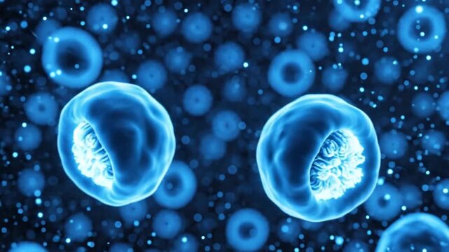 Abstract blue cellular division or mitosis process, scientific animation.