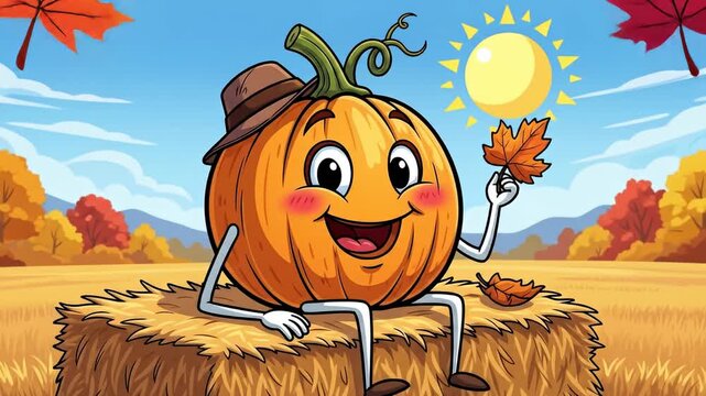 Cartoon pumpkin character sits on a haystack with fall landscape under sunny sky