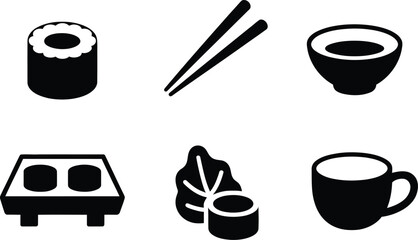 Black and white set featuring sushi rolls, chopsticks, bowls, and japanese food maki © Montaj_A