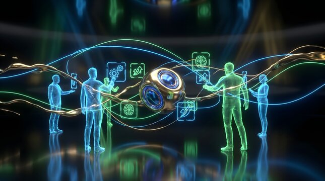 A futuristic digital illustration of human figures connected by glowing lines and symbols