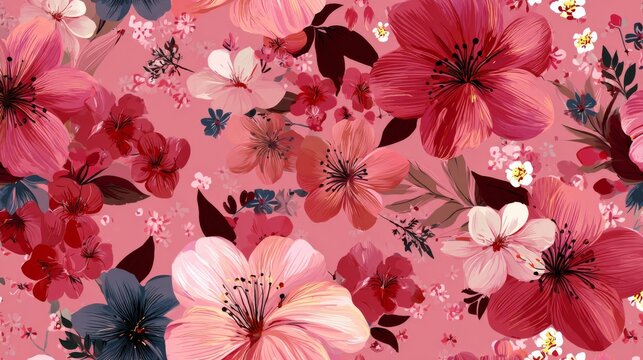 Delicate flower blossom pattern with soft pastel pink background, romantic floral botanical design, elegant seamless texture, spring inspired abstract floral backdrop