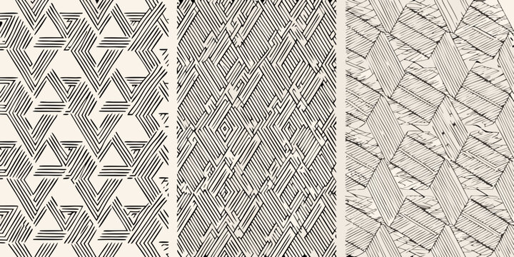 Abstract geometric patterns composed of fine black lines on a beige background