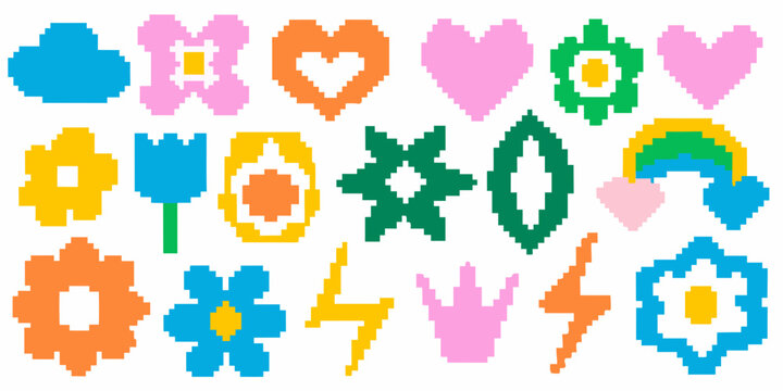Colorful pixel art arrangement featuring hearts flowers and lightning bolts