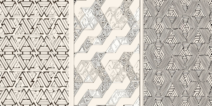 Geometric patterns with repeating triangular and linear elements in grayscale