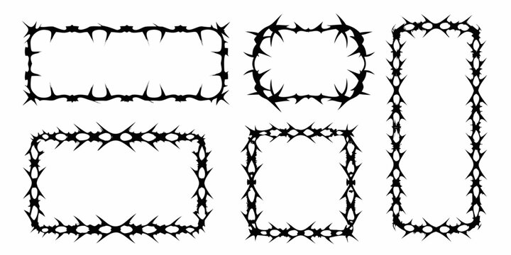 Four black frames adorned with sharp thorns and pointed spikes