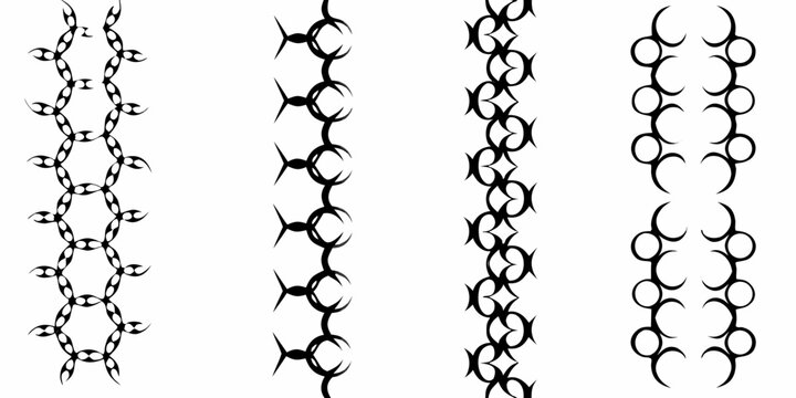 Black tribal patterns repeating chain like designs on a white background