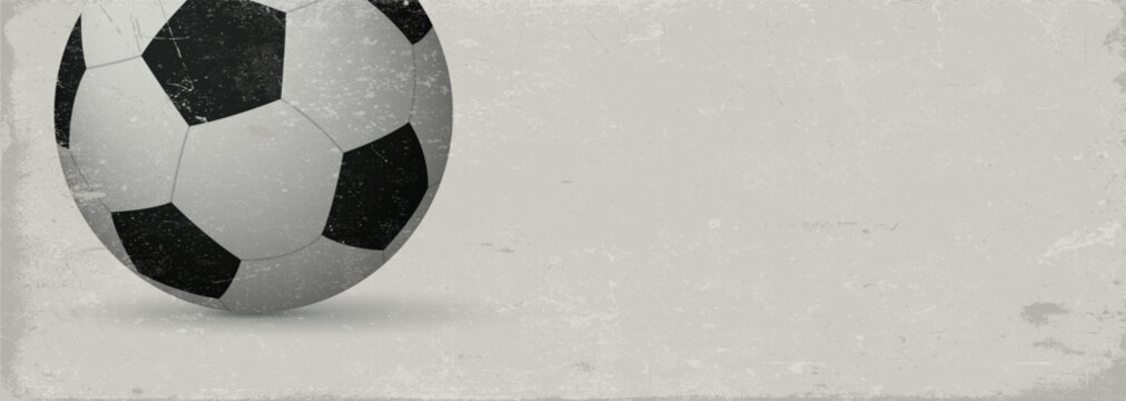3D soccer ball on gray background have blank space banner old style with scratches and stains texture