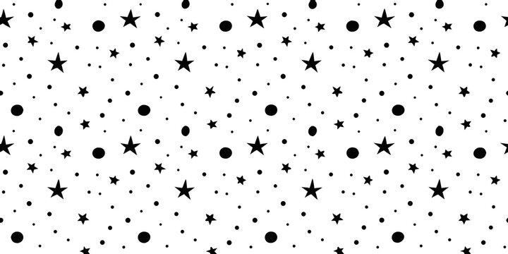 A seamless pattern of scattered black stars and circles on white