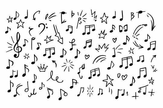 Hand drawn music notes and doodle elements, black ink musical symbols on white background, sketchy song notation vector set for creative design