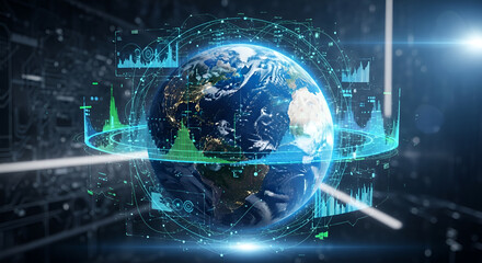 Fototapeta premium Digital world globe surrounded by futuristic financial charts, data analysis, and technical graphics interface