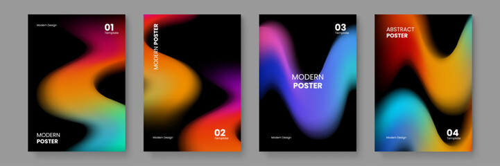 Four striking posters featuring liquid motion effects and vibrant fluid waves flowing through a dark and moody background © Badr Warrior