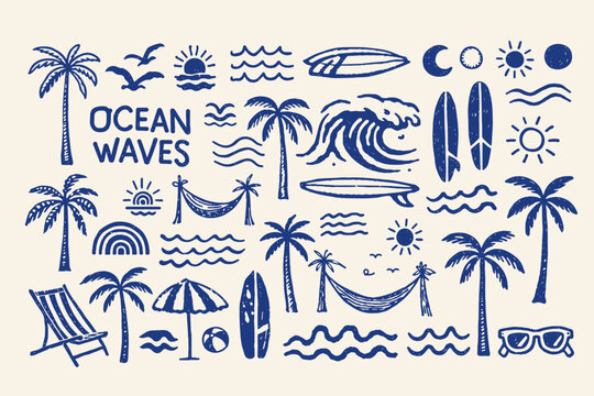 Hand drawn ocean waves and summer beach icons, blue linocut surf elements vector set, tropical palm trees and surfboard illustrations for vacation branding