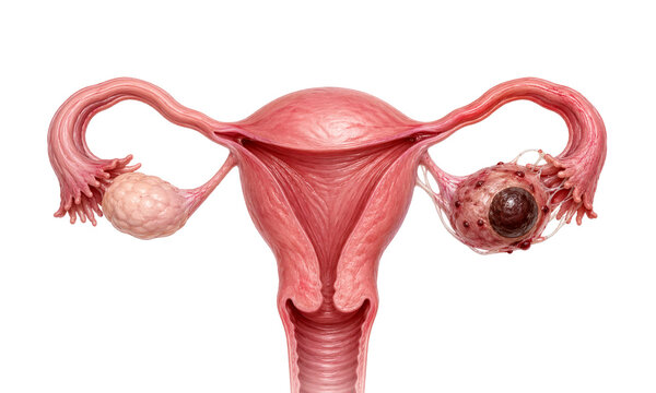 Endometriosis with ovarian endometrioma cyst detailed female reproductive system medical illustration