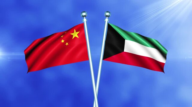 China and Kuwait Flag Waving On Pole Loop