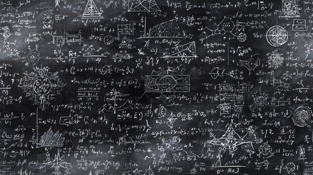 Hand drawn math and science formulas on chalkboard background, educational doodle style classroom texture for school design
