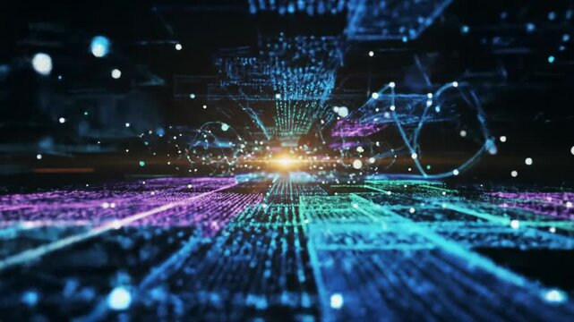 Slow dolly push-in through futuristic digital landscape with glowing electric blue, purple, green data streams converging in a black void, featuring an amber node, elegant bokeh, and soft glows.