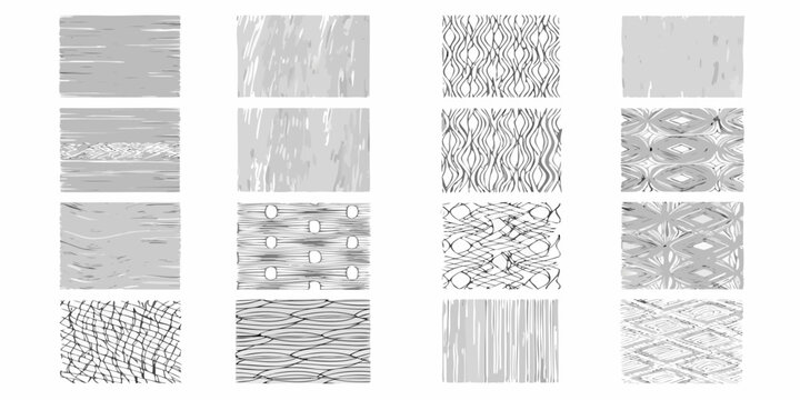 Collection of abstract hand drawn linear textures in grayscale tones