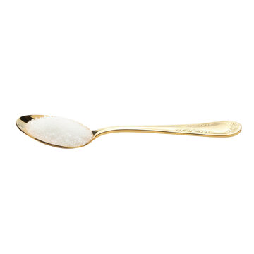 Gold plated spoon with intricate filigree handle holding white sugar crystals on a transparent background, concept of luxury culinary precision