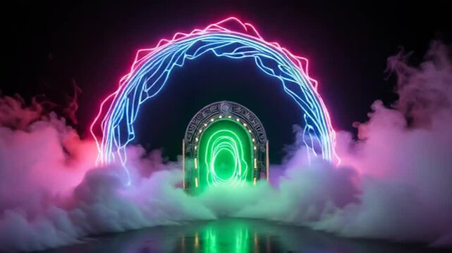Neon arch with smoke  green glowing portal  futuristic circle gate  magic stage with vapor. 