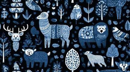 Fototapeta premium Nordic forest animal ornament seamless pattern, folk art decorative background for textile and surface design