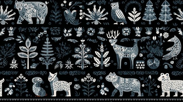 Nordic forest animal ornament seamless pattern, folk art decorative background for textile and surface design